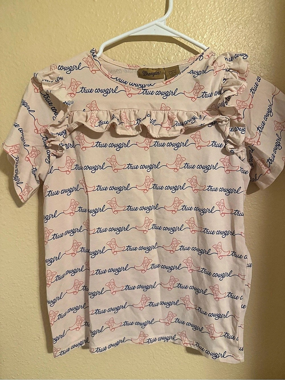 Wrangler True Cowgirl Print Ruffle Tee Large Cream & Blue Like New